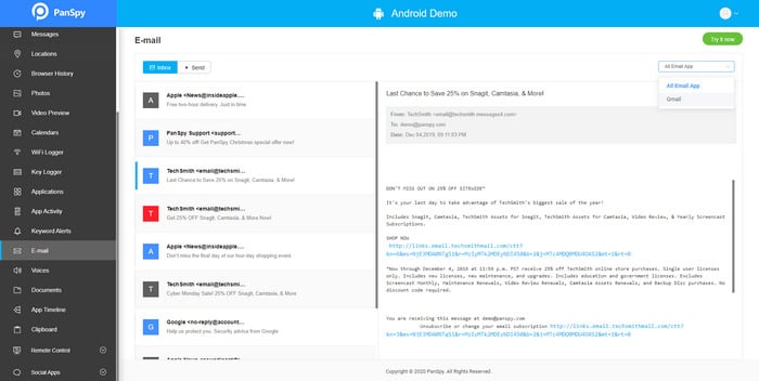 track Gmail on PanSpy console panel