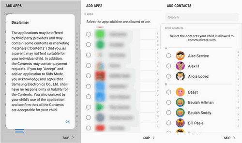 add apps contacts kids mode