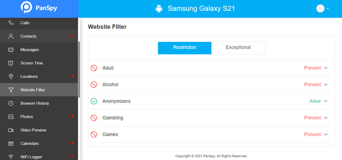 block websites on Samsung Galaxy S21