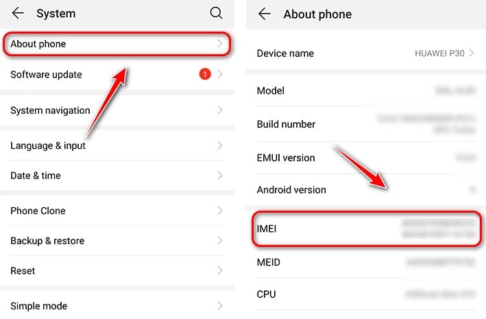 check Huawei P30 / P30 Pro IMEI number