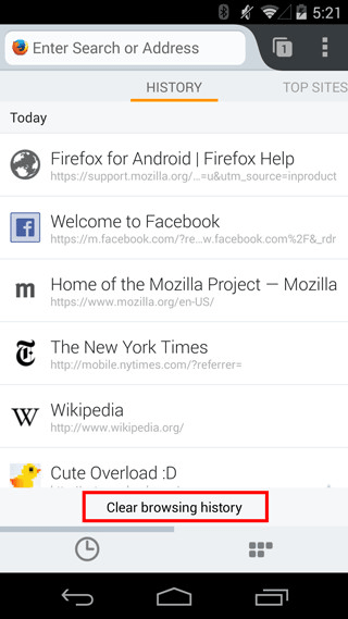 Histórico de acesso no Firefox móvel para Android